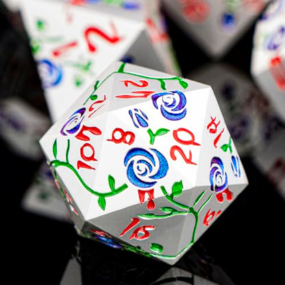 Gothic DND Dice Set Bleeding Rose Metal D and D Dice for use with Dungeons Dragons D&D Role Playing Game, Blue Purple RPG Polyhedral Dice Set D20 D12 D10 D8 D6 D4 - color: Purplish Blue&silver&red Numbers