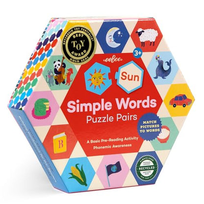 eeBoo Hexagon Puzzle Pairs - Simple Words, 33 Self-Correcting Pairs, Match Pictures to Words, Pre-Reading Activity for Preschool Kids Ages 3 and up - style: Simple Words