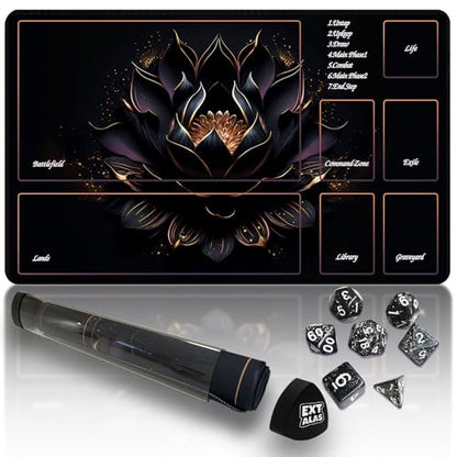 MTG Playmat with Storage Tube & 7-Dice Set - Waterproof TCG Playmat with Stitched Edges, Non-Slip Rubber Card Game Mat (24"x14") (playmat with Zones, Black Lotus) - color: Black Lotus, style: playmat with zones
