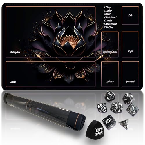 MTG Playmat with Storage Tube & 7-Dice Set - Waterproof TCG Playmat with Stitched Edges, Non-Slip Rubber Card Game Mat (24"x14") (playmat with Zones, Black Lotus) - color: Black Lotus, style: playmat with zones