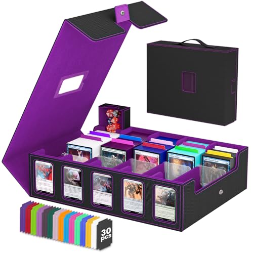 Trading Card Storage Box, 5 Row Card Deck Case with Commander Display & Portable Handle, 4200+ Card Deck Boxes Compatible for MTG TCG Magic Cards, 30 Divider, 8 Supporters, 1 Dice Tray(Black & Purple) - color: Black & Purple, size: 4200+