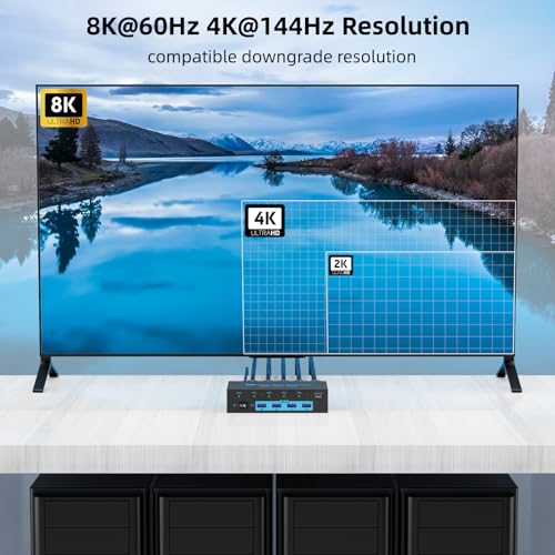 8K HDMI KVM Switch 4 Computers Sharing 1 Monitor, ANXQQ EDID Function KVM Switch HDMI 4 Port 8K@60Hz 4K144Hz for 4 USB Devices, Keyboard Mouse Switch with 4 USB Cables, Wired Control and Power Supply