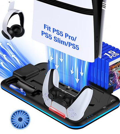 Kawaye PS5/Slim/Pro Stand and Cooling Station for PlayStation 5 Consoles, PS5/Pro/Slim Accessories with 3-Level Cooler Fan, PS5 Controller Charger, Cooling Satnd, Headset Holder, 15 Game Slots, Black