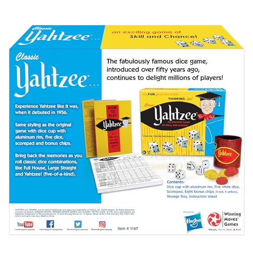 Winning Moves Classic Yahtzee, with Retro Art and Dice Cup | Exciting Game of Skill and Chance, Original Components, 2 or More Players, Ages 8+