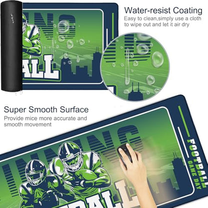 Football Desk Mat, Large Stitched Edges Gaming Mouse Pad, Blue Green City Design Keyboard Mat for Laptop Computer Desktop - 31.5x12 Inch for Football Fans - color: Blue Green Football