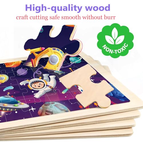 Puzzles for Kids Ages 4-6, 4 Packs 24 Piece Wooden Jigsaw Puzzle for Toddlers 3-5, Preschool Educational Toys Gifts for Boys and Girls - color: Dinosaurs Space