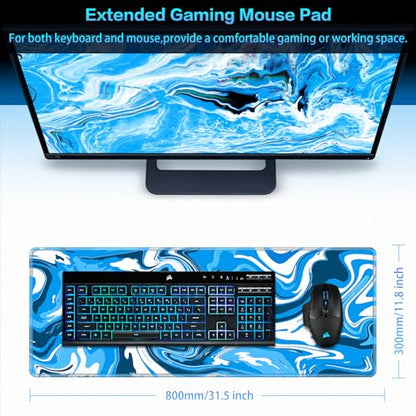 Canjoy Gaming Mouse Pad, Fluid Pattern Mouse Pad 31.5x11.8inch Large Extended Computer Mouse Mat Keyboard Full Desk Mousepad for Gaming, Office, Home - color: Blue-White Fluid, size: 800*300mm