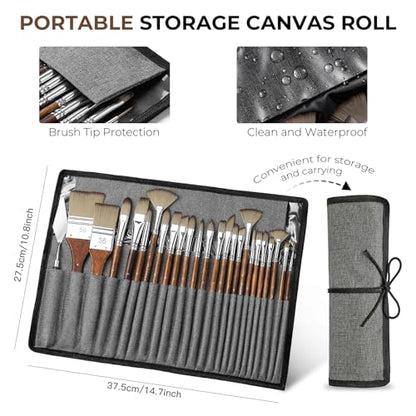 Fuumuui 25pcs Paint Brush Set, Professional 9 Shapes with Wide Flat, Filbert, Fan, Dagger, Cat Tongue, Round, Angle, Rigger for Acrylic Oil Watercolor | Includes Palette Knife & Waterproof Canvas Roll - color: Brown