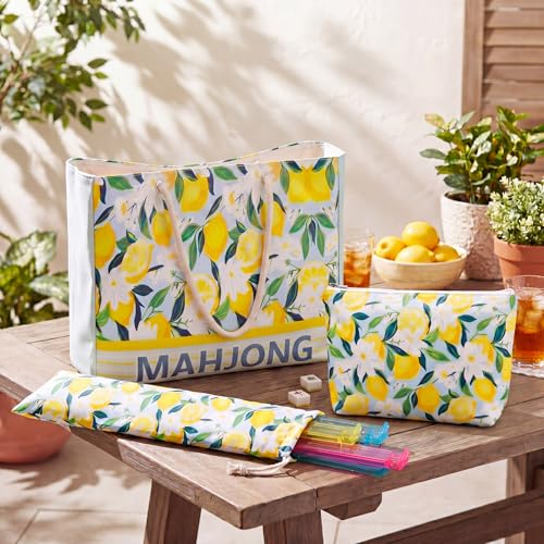Soulchen 3 Pcs Empty Mahjong Bag Set American Mahjong Buckled and Zippered Carrying Bag with Handle, Tile case and Drawstring Protective Sleeve for Rack Game Travel Accessories Gift(Lemon) - style: Lemon
