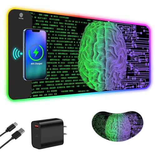 ToLuLu Wireless Charging RGB Gaming Mouse Pad, 15W LED Mouse Mat with 30W Charger, 14 Light Modes Large Mousepad Wrist Support, Non-Slip Rubber Base Desk Mat Computer Keyboard Pad, Right Left Brain - color: Right Left Brain