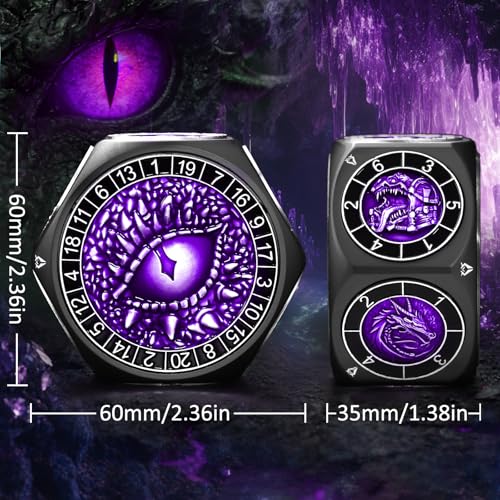 ZHOORQI 8-in-1 DND Dice Set – Metal Spinner Dice with Dual D20, 3D Monster Engravings & Smooth Spinning – Perfect for TTRPG, D and D Dungeons and Dragons Gifts(Black Dice - Purple) - color: Black Purple