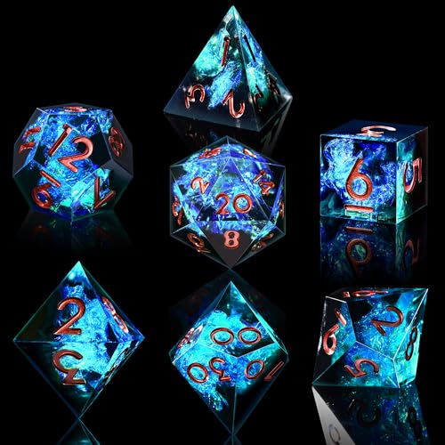 AUSTOR 7-Die DND Dice Set, Handmade Sharp Edge Polyhedral Dice for Dungeons and Dragons RPG MTG Table Games（Black & Blue） - color: Black & Blue