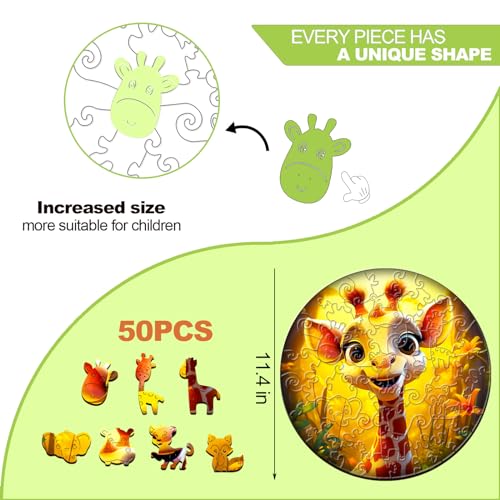 Wooden Puzzles for Kids Ages 4-6 - Giraffe Puzzle (11.4 x 11.4 in) - 50 Piece Puzzles for Kids - All Pieces Unique Shape - Gifts for Boys Girls Toddlers Ages 3-5 2-4 Year Old - color: Cute Giraffe