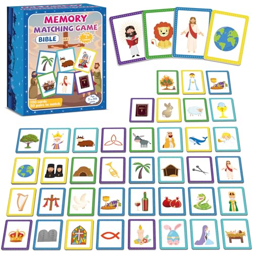 gisgfim 100 PCS Memory Matching Game Bible Concentration Memory Card Games for Kids Boys Girls Easter Educational A Fun & Fast Christian Preschool Homeschool VBS 2026 Biblical Theme Matching Games - style: Christian
