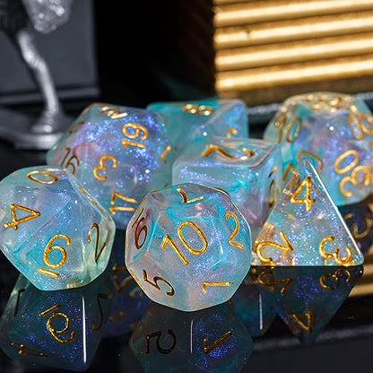 UDIXI 7PCS D&D Polyhedral Dice Set Swirls Glitter DND Dice Set for RPG | Cyan Pink Colors, Dreamy Effect, Velvet Dice Bag Packaging, for Dungeons and Dragons Role Playing Games and Tabletop Games - color: Cyan With Pink