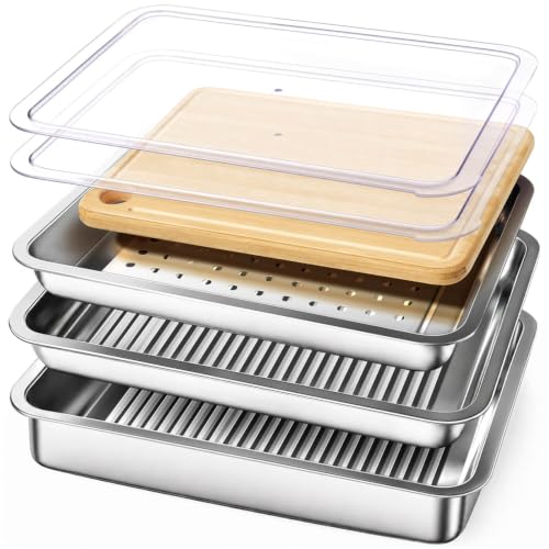 Grilling Prep and Serve Trays, Stainless Steel Large Capacity Food Prep Tray, Grill Carry System, Marinade Container with Lid and Cutting Board, BBQ Grill Accessories, Grilling Gifts for Men