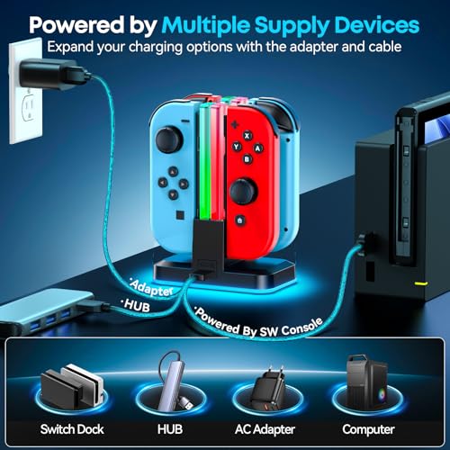 Switch Joycon Charger for SW 1 Model with 9 RGB Light Modes, Switch Controller Charger Stand with LED Indicators, SW Charging Dock Station for 4 Joycon Charging - size: S-Black-Switch 1