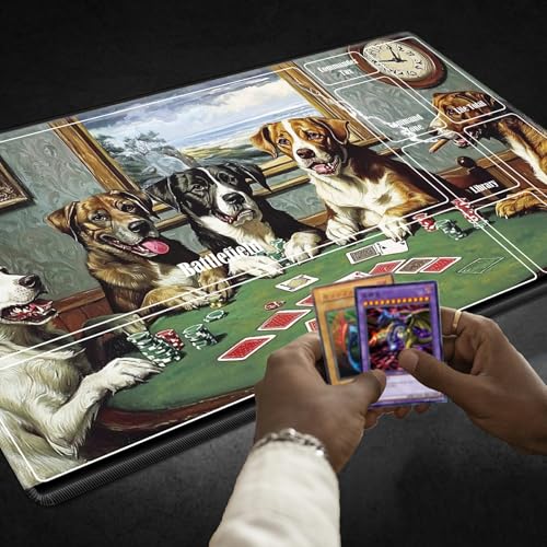 MTG Playmat with Zones, TCG Card Game Play Mat with Stitched Edges, Non-Slip Rubber Base Gaming Desk Mat, Smooth Surface 24 x 14 Inch, Dogs Play Poker - color: Dogs Play Poker, size: Zone 1