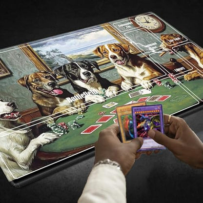 MTG Playmat with Zones, TCG Card Game Play Mat with Stitched Edges, Non-Slip Rubber Base Gaming Desk Mat, Smooth Surface 24 x 14 Inch, Dogs Play Poker - color: Dogs Play Poker, size: Zone 1