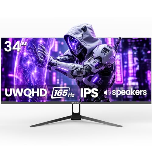 CRUA 34" Ultrawide Gaming Monitor 165Hz, UWQHD 3440x1440 IPS Computer Monitor, 21:9 Wide Screen, FreeSync, PIP/PBP, 120% sRGB, Built-in Speakers, HDMI 2.0 & DP 1.4, Wall Mount&Tilt Adjustable
