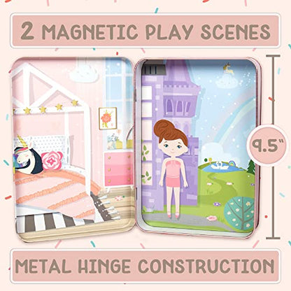 Story Magic Dress-Up Dolls Playset, Pretend Play Magnetic Case, Magnet Outfit and Accessory Pieces, Great for Travel or Playdates, Magnetic On The Go Activity Set for Ages 4, 5, 6, 7 , Pink - style: Travel Dress Up