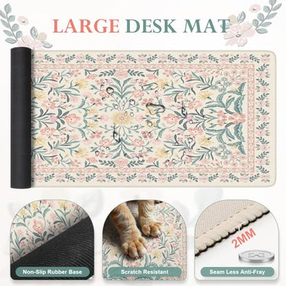 iLeadon Pink Desk Mat Set Cute,Mouse Pad and Keyboard Pad Mat for Desk | Non-Slip Desk Mat, Ergonomic Desk Mouse Pad Extra Large, Floral Teacher Desk Mat with Wrist Rest for Women Home Office - color: Light Pink