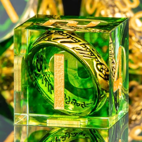 OUKELANWO Magic Lord Rings DND Dice Set with Box, 7Pcs Resin LOTR D&D Dice Set for Role Playing Game, Green Gold Dungeons Dragons D and D Sharp Edge Dice D20 D12 D10 D8 D6 D4 - color: Green