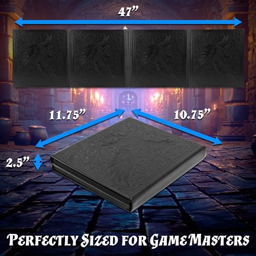 CASEMATIX DM Screen Faux Leather 12-Panel Deluxe GM Screen - Twelve Panel XL Folding Dungeon Master Screen with 4 Swinging Panels and Wet Erase Pockets for TTRPGs - Black, Inserts Not Included