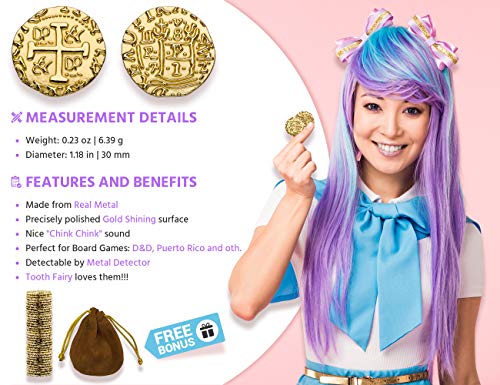 Leib Games Large Gold Metal Pirate Coins - 35 Leprechaun Metal Gold Coins for St Patricks Day, Game Tokens, Toys & Cosplay - Fake Tokens Set for Pirate Treasure Chest - Diameter: 1.18" - size: 35 Pcs