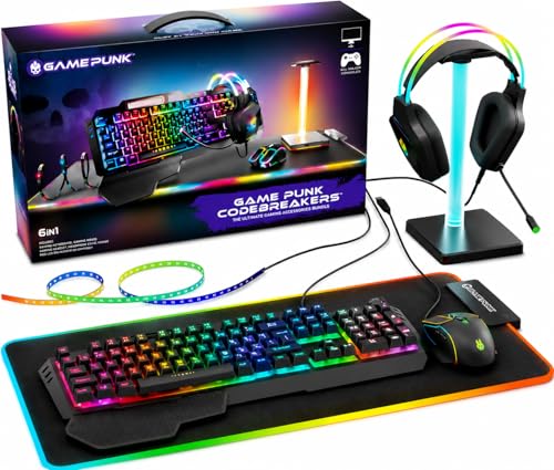 6-Piece Codebreakers RGB Gaming Bundle – Mechanical Keyboard, RGB Mouse & XL Mousepad USB Hub, Gaming Headset w/Stand, Light Strip – PC Game Accessories for Desktop & Laptop