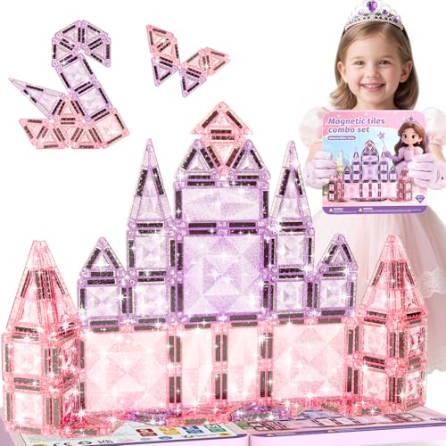 burgkidz Sparkling Glitter Magnetic Tiles for Girls Ages 3-8: 42PCS Pink & Purple Tiles with Storage Tin, Standard Size Compatible with Leading Brands, Dual Size Mix, Travel Friendly Birthday Gift - color: Pink