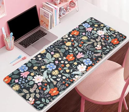 Strawberry Flowers Mouse Pad Desk Pad,Extended Gaming Mouse Mat with Stitched Edges Non-Slip Waterproof Rubber Base Mous Mat for Office,Computer,Keyboard,Laptop and Home Desk Pad(27.5X11.8 in) - color: Flowers and Strawberries
