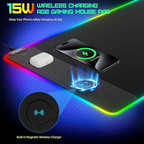 Wireless Charging RGB Gaming Mouse Pad, Mouse Mat with 15W Fast Charging, LED Large Gaming Mousepad with 15 Lights Modes, Ultra-Smooth Surface, Waterproof Non-Slip Desk Pad for Laptop, MacBook, PC
