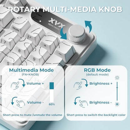 OHY XVX Wireless Keyboard,99Keys Quiet Typing Membrane Gaming Keyboard with Logo Display & Knob, RGB Backlit, USB C Rechargeable, 94 Keys PBT Keycap for Windows PC, Mac, Linux-White