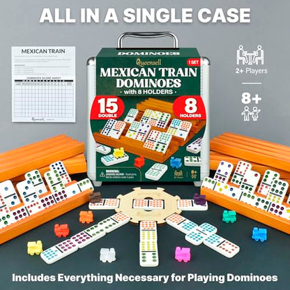 Queensell Mexican Train Dominoes Set Double 15 with 8 Holders - Wooden Hub and Tiles Holders - Double 15 with Dots (D15 + 8 Holders) - style: D15 + 8 Holders