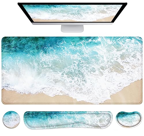 Large Mouse Pad with Wrist Rest, 4-in-1 Wrist Rest for Keyboard and Mouse | Non-Slip Waterproof Desk Mat Set, 35.4"x15.7" Desk Mat+Keyboard Wrist Rest+Mouse Wrist Support+Cup Coaster for Home Office - color: 4Pcs-Beach