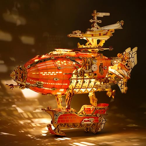 FUNPOLA LED 3D Wood Puzzle Fantasy Airship Model - Steampunk DIY Craft Kit with LED Lights – Intricate Wooden Airship Model Building Set for Adults(Orange) - color: Orange