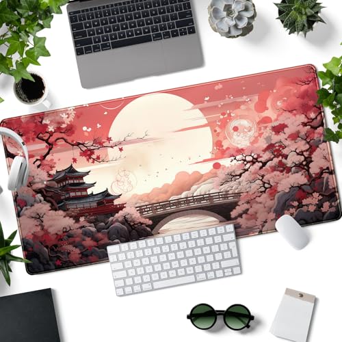 Pink Full Moon Desk Mat Japanese Sakura Blossom Large Mouse Pad Extended Japan Aesthetic Gaming Mousepad XXL Keyboard Pad Mouse Mat 31.5''X15.7'' Desk Pad Office Decor - color: Pink Full Moon