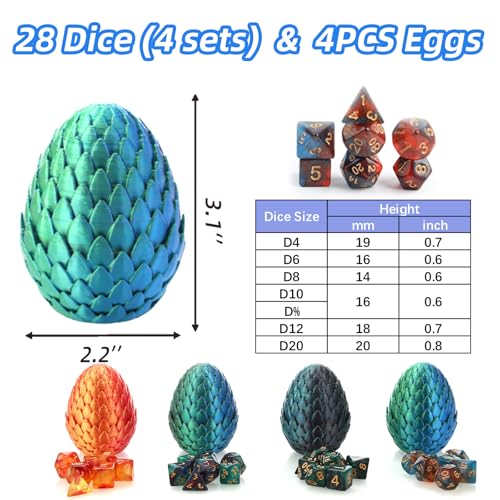 28-Piece DND Dice Set with 4Pcs 3D Printed Dragon Eggs | Fidget RPG Polyhedral Dice, Ideal Party Favors for DND & MTG Tabletop Games - color: 4colors-b