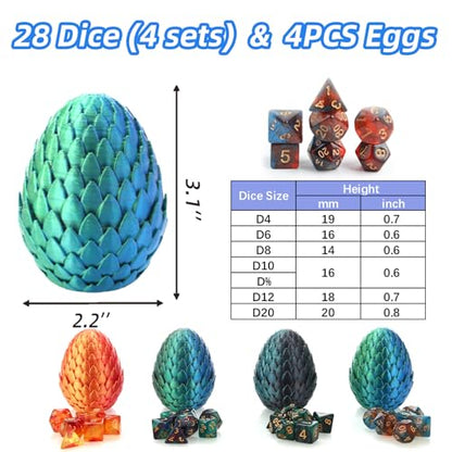28-Piece DND Dice Set with 4Pcs 3D Printed Dragon Eggs | Fidget RPG Polyhedral Dice, Ideal Party Favors for DND & MTG Tabletop Games - color: 4colors-b