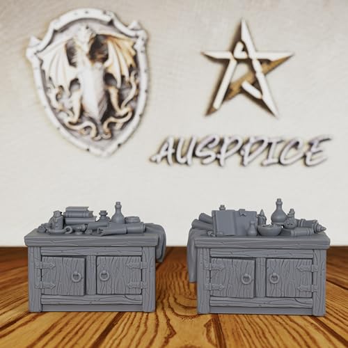 AUSPDICE Alchemy Lab & Scholar Study Cabinets 28mm Unpainted DND Terrain | Miniature Furniture for Dungeon Masters: 2 Cabinets with Books, Scrolls, Potions and an Open Tome for TTRPG Rooms - AS691