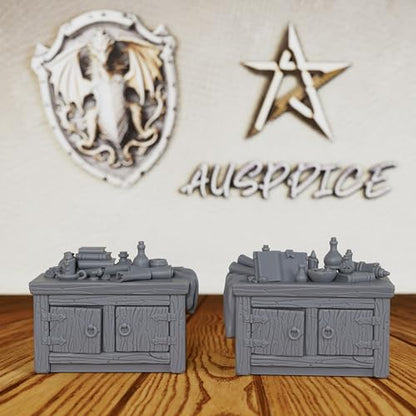 AUSPDICE Alchemy Lab & Scholar Study Cabinets 28mm Unpainted DND Terrain | Miniature Furniture for Dungeon Masters: 2 Cabinets with Books, Scrolls, Potions and an Open Tome for TTRPG Rooms - AS691