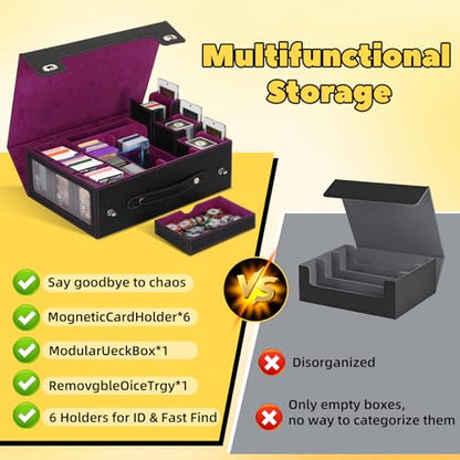MTG Commander Deck Box with Handle, 6Removable Boxes,2-Row Case & Dice Tray | 9-in-1 Large Card Storage Box, Holds 1400+ Double-Sleeved Cards, Display Window,Mag Holders, Latch Closure,Fit TCG/EDH,Purple - color: Purple