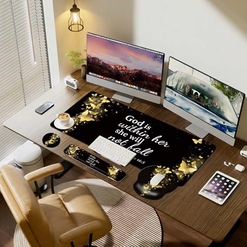 Desk Mat Set Keyboard and Mouse Pad with Wrist Rest Support | Ergonomic,Pain Relief, 4-in-1 Large Big Mousepad Computer Mats,Desk Pad Matt Mats for Desktop Home & Office - color: E3-Golden Butterflies