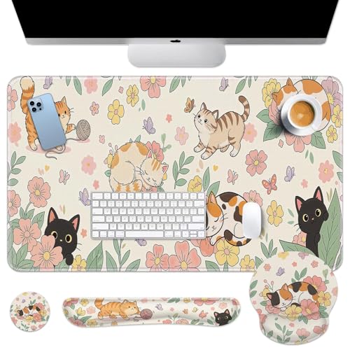 Britimes Cute Floral Cat Keyboard Mouse Pad Set Butterfly Cottagecore 4in1 Large Mousepad+Keyboard Wrist Rest+Mouse Wrist Rest+Coaster Ergonomic Design for Home Office Computer 35.4x15.7 inches - color: Floral and Cat