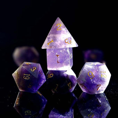 Natural Gemstone DND Dice Set,7 Pcs Amethyst Crystal Handmade Polyhedral D&D gem Dices with Gift Metal Box for Dungeons and Dragons MTG Role Playing Games Natural Stone d and d Dice - color: Amethyst