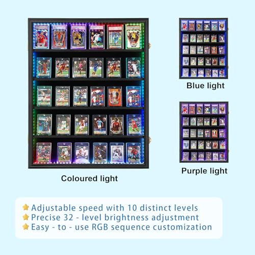 VERANI 35 LED Graded Sports Baseball Card Display Case Wall Mount Black | Large 35-slot inner space,Built-in soft LED light strips,Fully sealed dustproof structure,Wall mount vertical design - size: Large-Vertical-Black-with LED