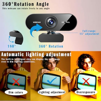 1080P Webcam for PC/Laptop, USB Webcam with Microphone, Noise Cancellation, Support Beauty, Plug & Play with Auto Light Correction for Video Calls, Live Streaming Gaming & Online Meetings - size: 1080P