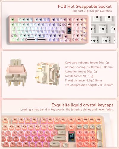 Keymatic Foundation Mechanical Keyboard,98% Pink Creamy Keyboard Gaming Keyboard,3 Mode with Multimedia Screen,RGB Backlit,Jelly MOA Profile keycaps for Win/Mac,Pink - color: Pink