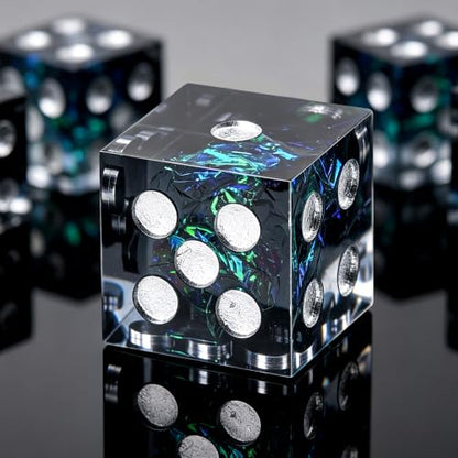 AUSTOR 6 Sided Dice 16mm, 6 Pcs D6 Dice Handmade Sharp Edge Resin Dices Set | Resin Dice 6 Sided, Non-toxic, for DND Tenzi Farkle Yahtzee, with Metal Case - color: Dark Star Silver